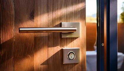 close up of sleek metallic door handle and lock on wooden surface in warm indoor lighting