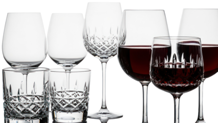 Assorted Glassware with Red Wine, Isolated on Transparent Background