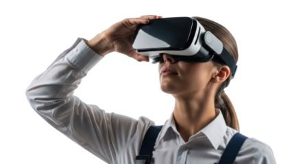 Woman wearing VR headset, isolated on transparent background