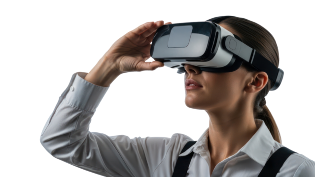 Woman wearing VR headset, isolated on transparent background - Powered by Adobe