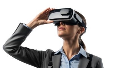 Woman in VR headset exploring virtual reality, isolated on transparent background