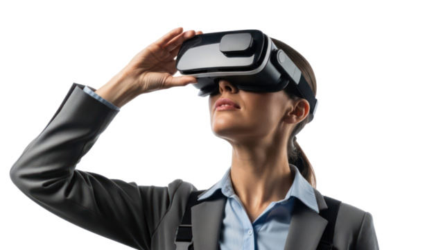 Woman in VR headset exploring virtual reality, isolated on transparent background - Powered by Adobe