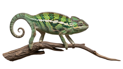 Green chameleon on branch, isolated on transparent background