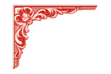 Ornate rococo style red corner border graphic with scrolls and a female face, transparent background