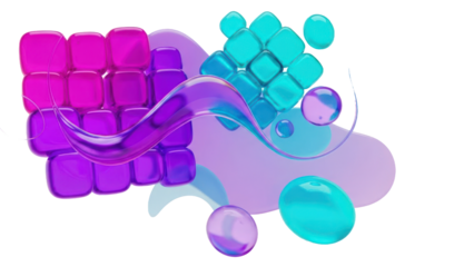 Abstract 3D Shapes, Purple and Teal Cubes, Isolated Transparent Background