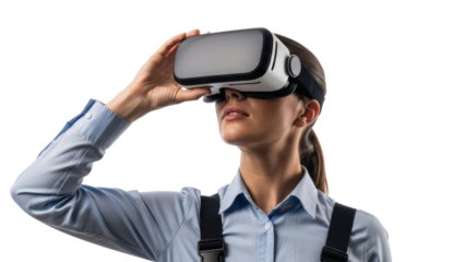 Woman wearing VR headset, isolated on transparent background