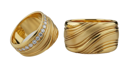 Elegant gold rings with diamonds, isolated on transparent background