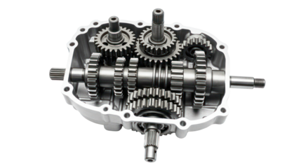 Mechanical Gearbox Assembly with Gears, Isolated on Transparent Background