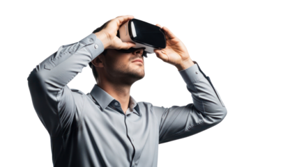 Man wearing VR headset, experiencing virtual reality, isolated on transparent background