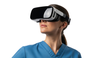 Nurse wearing VR headset, isolated on transparent background