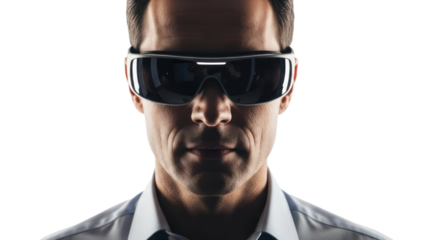 Man wearing futuristic glasses, isolated on transparent background