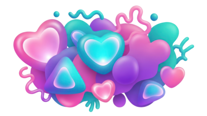 Colorful 3D Shapes and Hearts, Isolated on Transparent Background