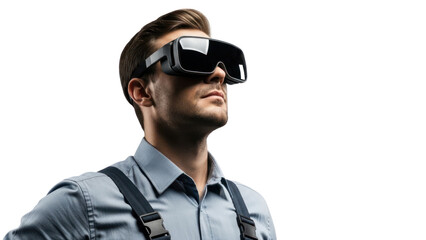 Man wearing VR headset, looking up, isolated on transparent background