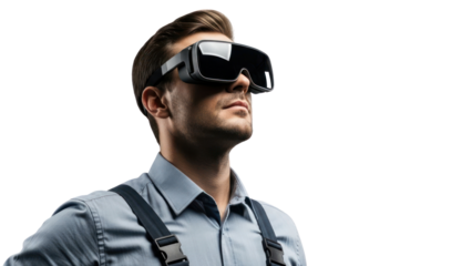 Man wearing VR headset, looking up, isolated on transparent background