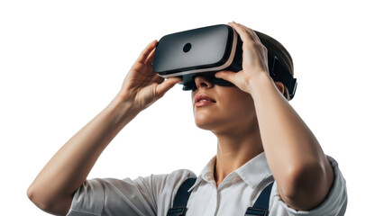 Woman wearing VR headset, isolated on transparent background