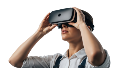 Woman wearing VR headset, isolated on transparent background