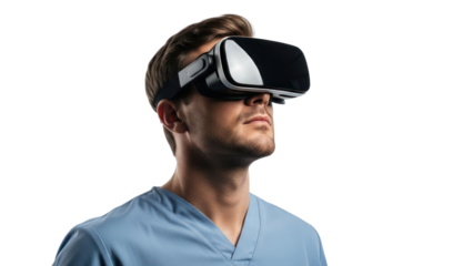 Man wearing VR headset, isolated on transparent background