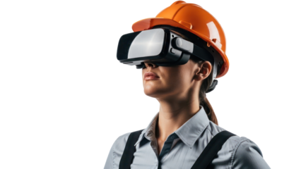 Construction worker wearing VR headset, isolated on transparent background