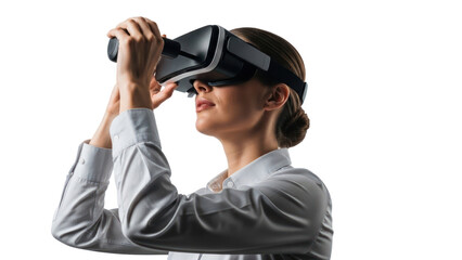 Woman wearing VR headset, exploring virtual reality, isolated on transparent background