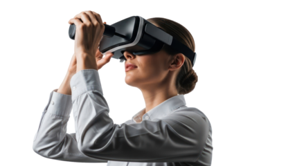 Woman wearing VR headset, exploring virtual reality, isolated on transparent background