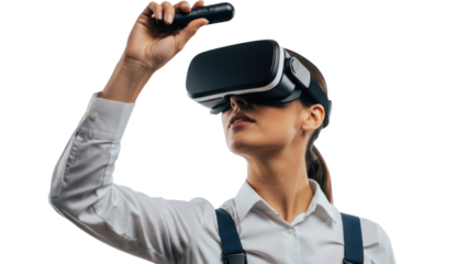 Woman using VR headset and controller, isolated on transparent background