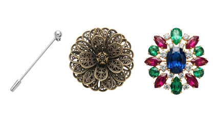 Elegant Brooches and Tie Pin Collection, Isolated on Transparent Background