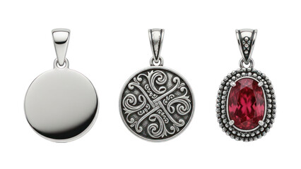 Three Silver Pendants: Plain, Ornate, and Gemstone, isolated on transparent background