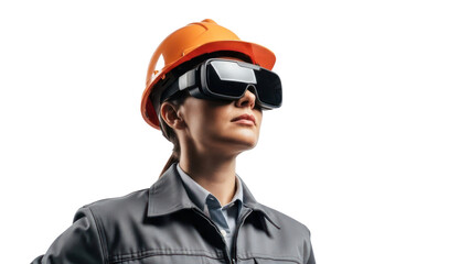 Construction worker wearing VR headset and hard hat, isolated on transparent background