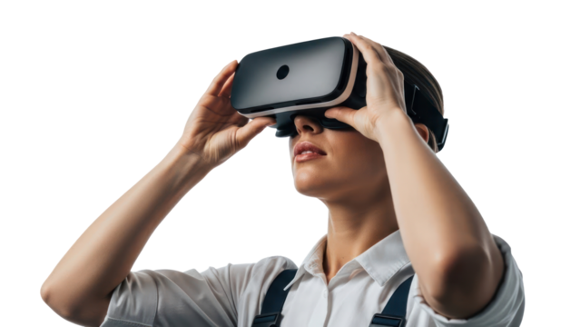 Woman wearing VR headset, isolated on transparent background - Powered by Adobe
