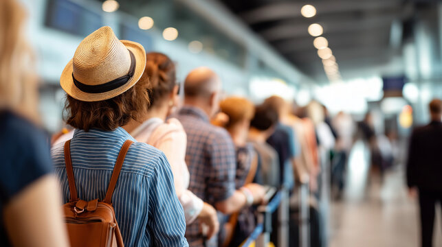 Many faceless passengers wait long queue airport gate boarding process travelers waiting flight terminal crowded scene delay passenger processing area defocused terminal