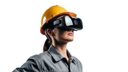 Construction worker using VR headset isolated on transparent background