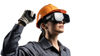 Construction worker using VR headset, isolated on transparent background