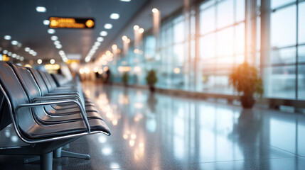 Empty airport visualization display waiting area near departure gate photo quarantine closure abandoned terminal environment passenger absence scene defocused interior