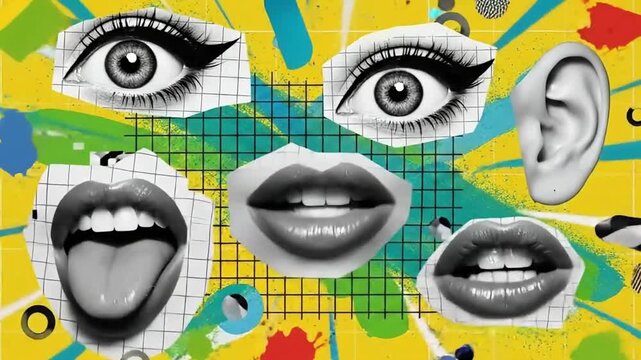 Collage of eyes, mouths, and ear with retro memphis style background Retro halftone collage 