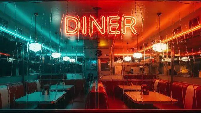 loop video Neon diner interior view through rainy window at night ambience videos, looping visuals, gaming livestreams