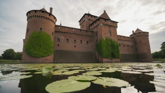 Majestic red brick castle with round towers and green ivy. Surrounded by a tranquil moat filled with vibrant lily pads. Historic european architecture under a cloudy sky