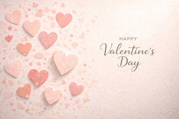 Happy Valentine's Day Card with Pink and Orange Terrazzo Stone Hearts Scattered on a Textured Granite Surface