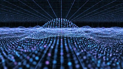 Abstract digital landscape with glowing blue and purple particles forming an undulating wave pattern representing data flow network connections and futuristic technology in a dynamic ethereal cybersp. - Powered by Adobe