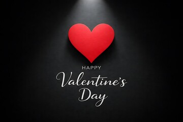 Dramatic Happy Valentine's Day Card with a Single Vibrant Red Paper Heart under a Direct Spotlight on Black Texture Background