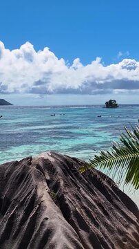 Seychelles Skyline In La Digue Island Victoria Seychelles. Aerial View Of Stunning Beach With Crystal Clear Waters. Deserted Landscape Season Beauty. Deserted Summertime. La Digue Island Victoria.