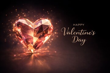 Luxury Happy Valentine's Day Card Featuring a Multi-Faceted Gemstone Heart Glowing with Golden Sparks on Dark Background