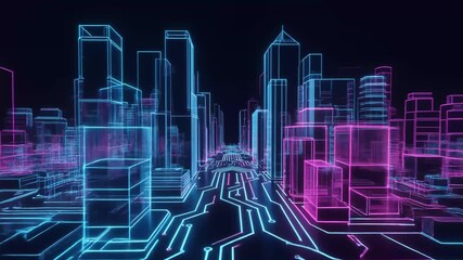 Futuristic neon city skyline abstract wireframe architecture digital network , Abstract futuristic city circuit architecture with glowing blue pink data pathways, Smart urban technology . - Powered by Adobe