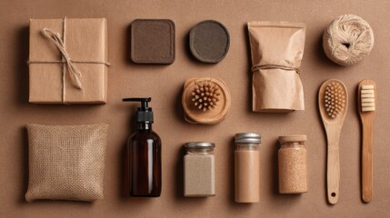 Natural products and packaging arranged on a flat surface for a sustainable lifestyle display