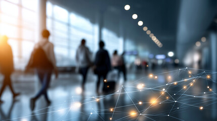 Modern airport terminal interior visualization blurred travelers digital network overlay connectivity representation aviation technology concept passenger facility design