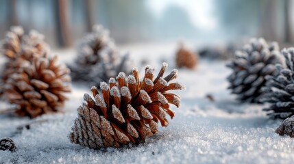 Frosted pinecones on snowy ground in a forest during winter morning hours