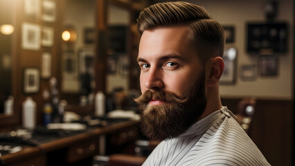 Obraz premium A stylish barbershop portrait of a man with a modern haircut and well-groomed beard