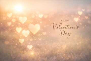 Happy Valentine's Day Romantic Background with Glowing Golden Bokeh Heart Shapes and Soft Sunlight over Meadow
