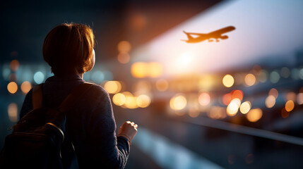 Silhouette of traveler waiting at airport flight departure anticipation passenger anonymous figure travel preparation moment aviation facility presence defocused terminal back