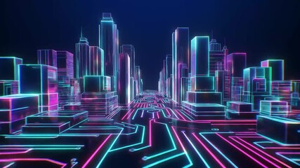 Futuristic neon cityscape with glowing circuit board pathways , Futuristic neon city with glowing digital circuit networks and smart architecture, Modern cyberspace innovation background. - Powered by Adobe