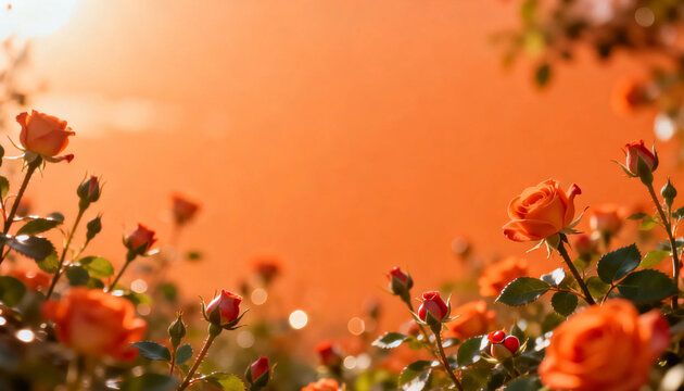 황금빛 일몰을 배경으로 한 오렌지 장미 정원